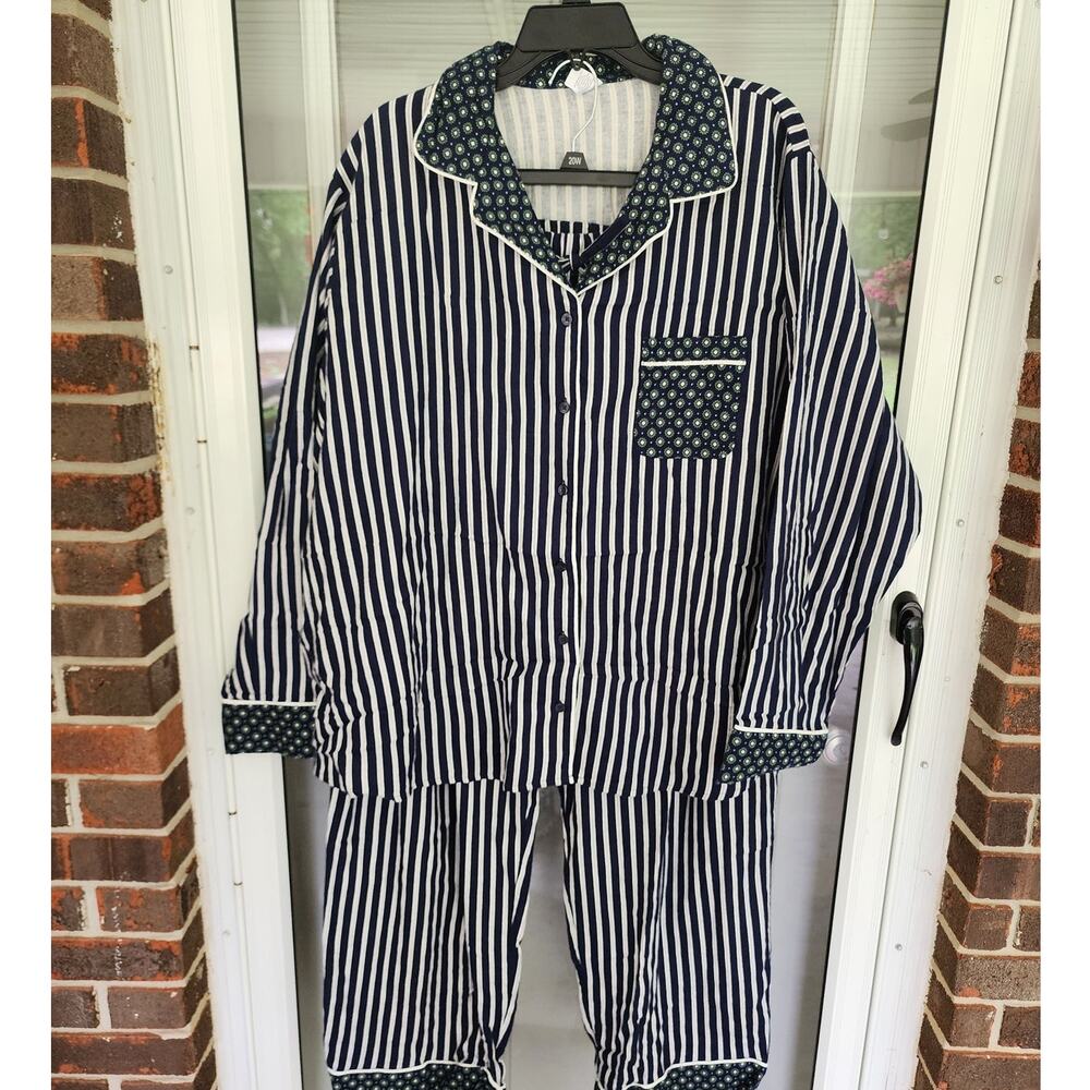 Liz Claiborne Women's 2XL Blue Striped 100% Cotton Flannel Long Sleeve Pajamas